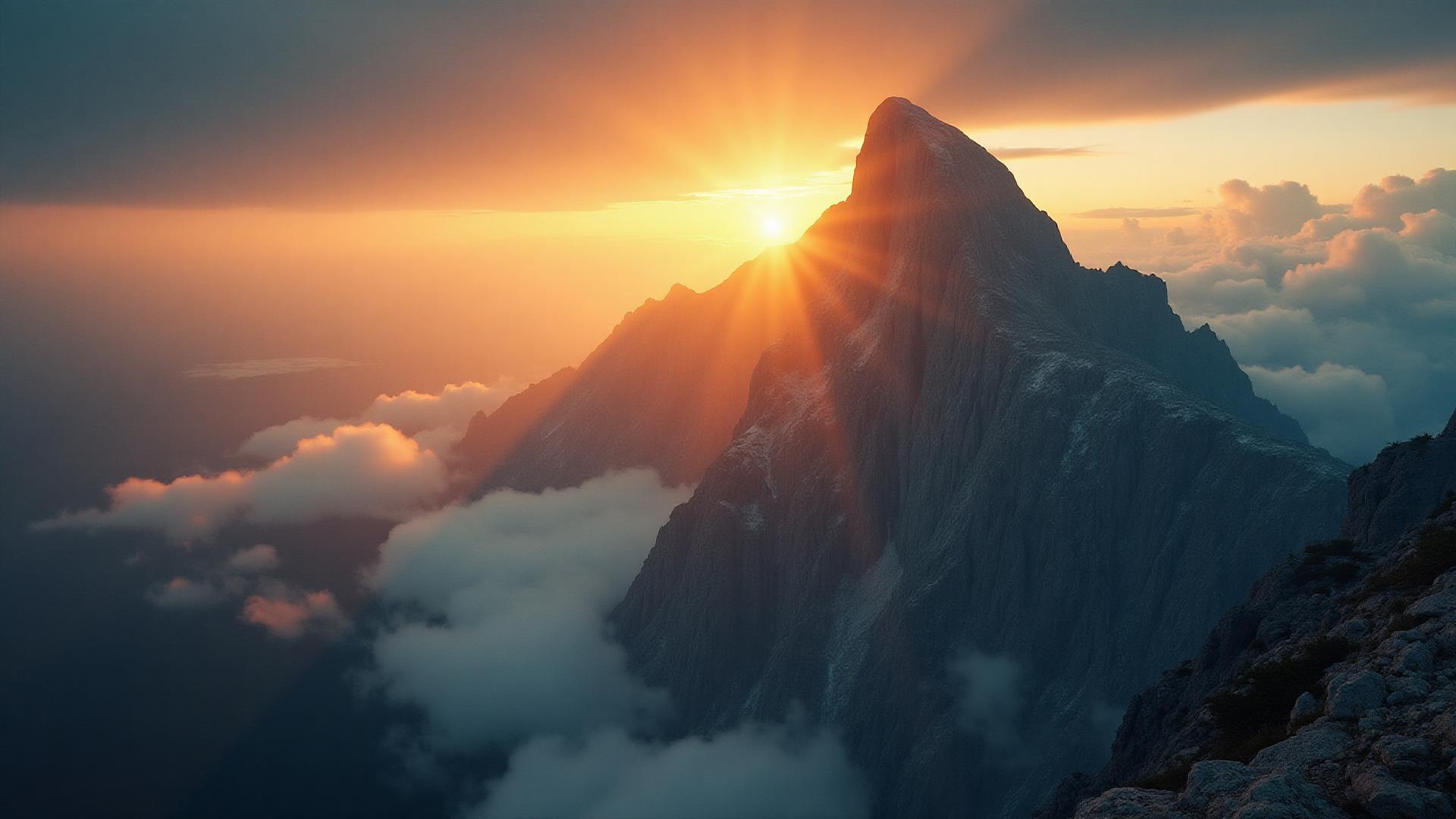 A mountain peak above the clouds at sunrise