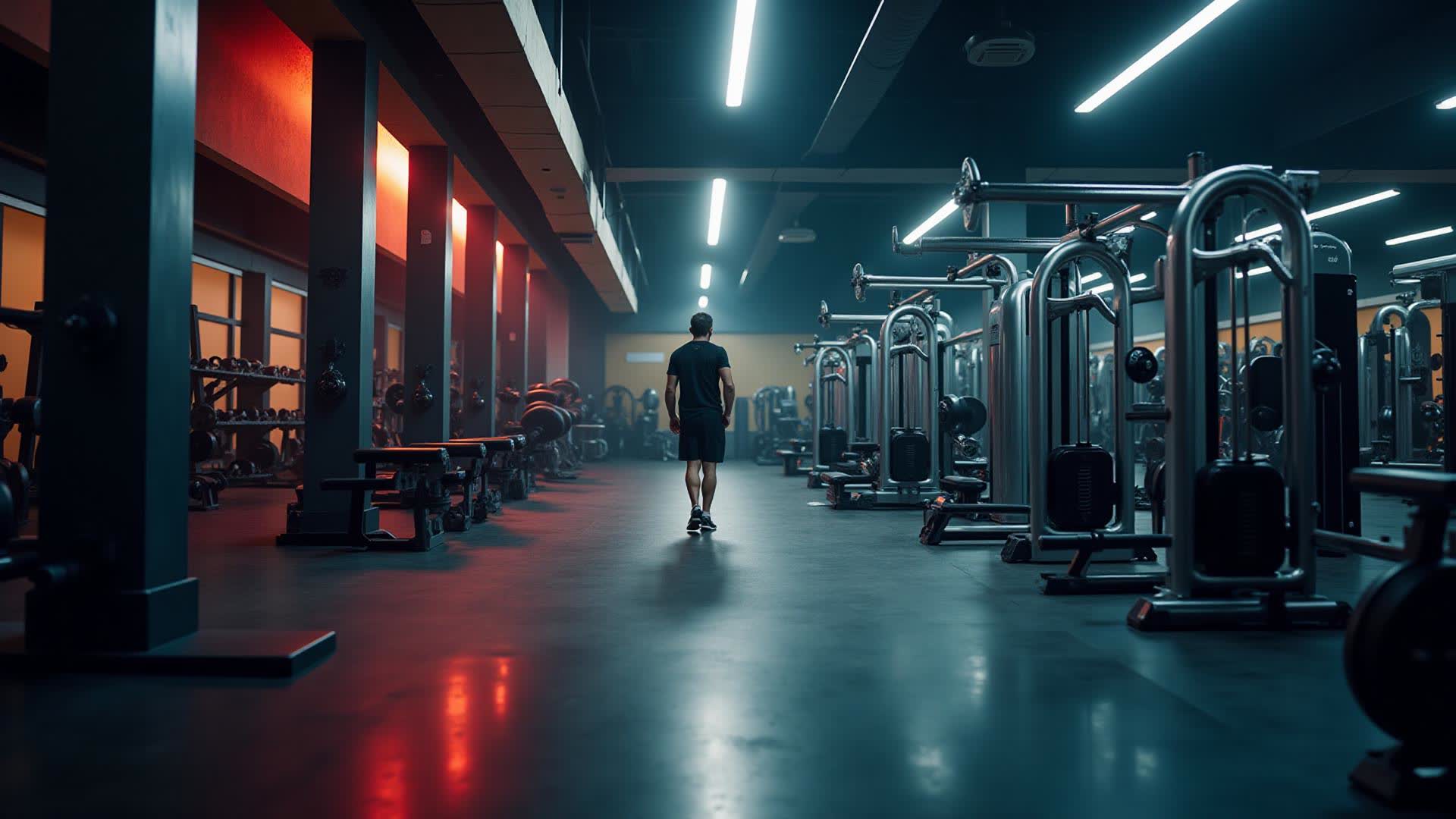 A lone figure walking through a dark gym under hard overhead light