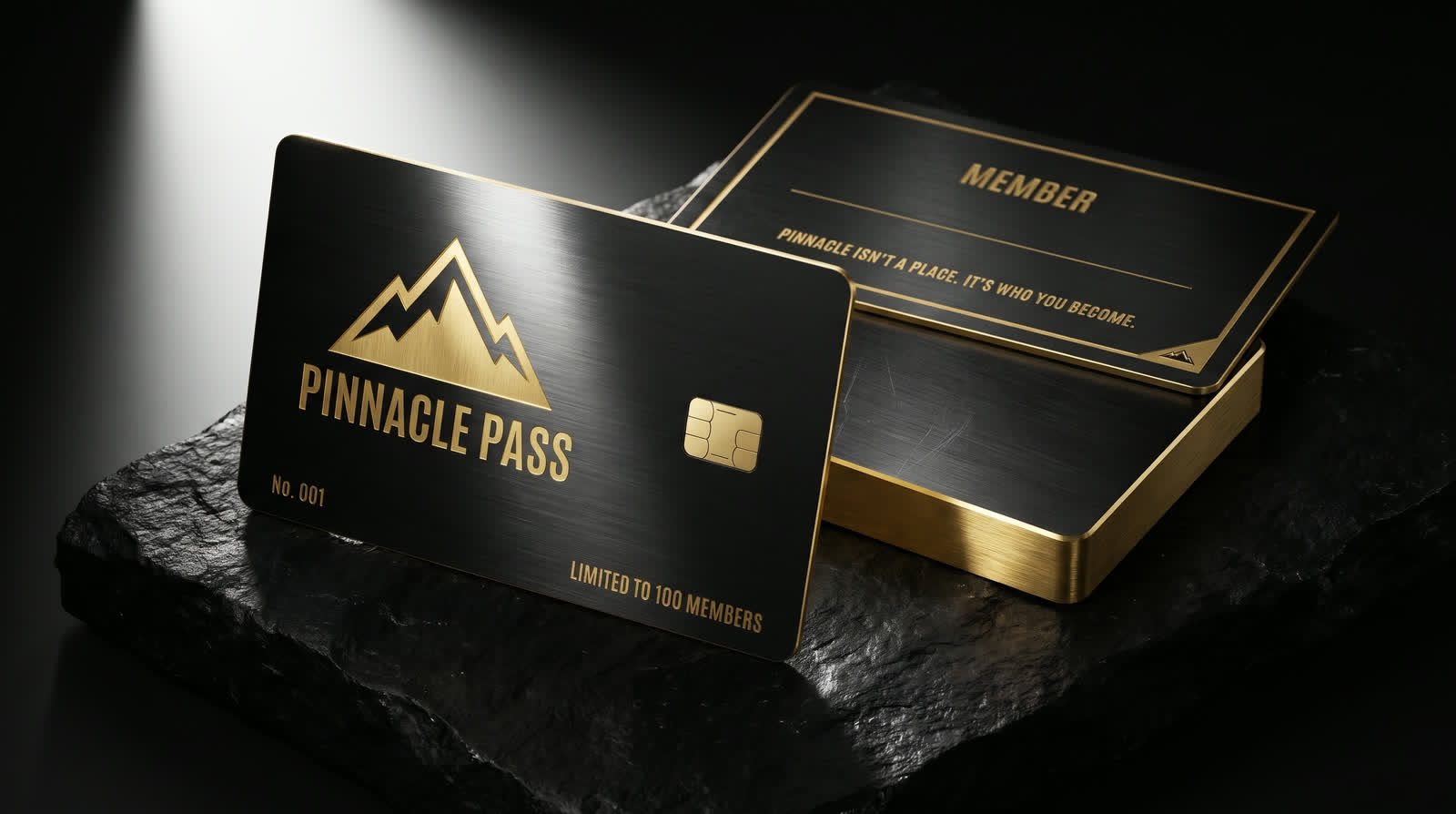 The Pinnacle Pass: a black brushed-metal card with a gold mountain logo, No. 001, limited to 100 members, resting on dark stone beside its member card